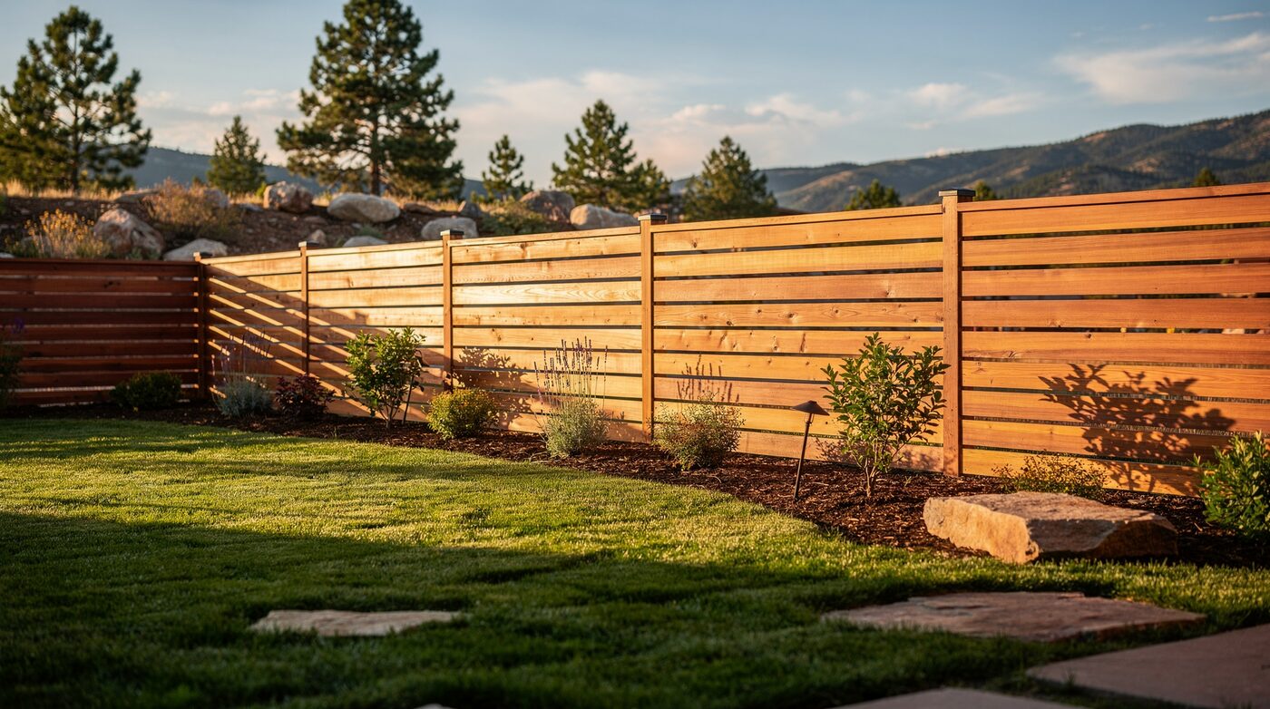 Modern horizontal cedar privacy fence on a Front Range property
