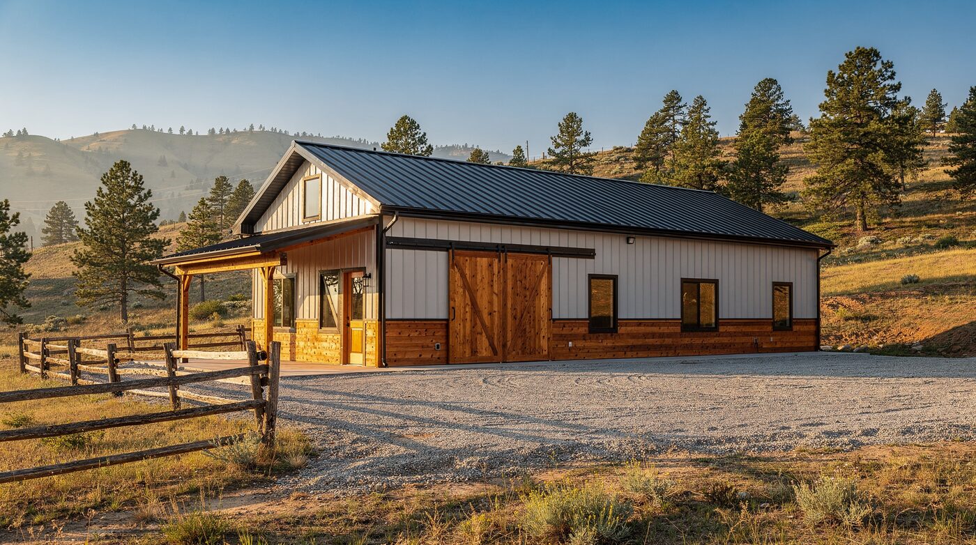Residential post-frame pole barn with a metal roof on a Colorado property