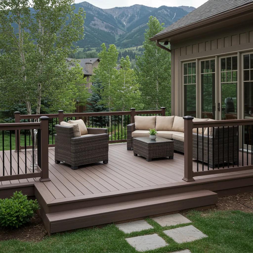 Beautifully constructed deck in a Colorado backyard, showcasing composite and wood materials with outdoor furniture