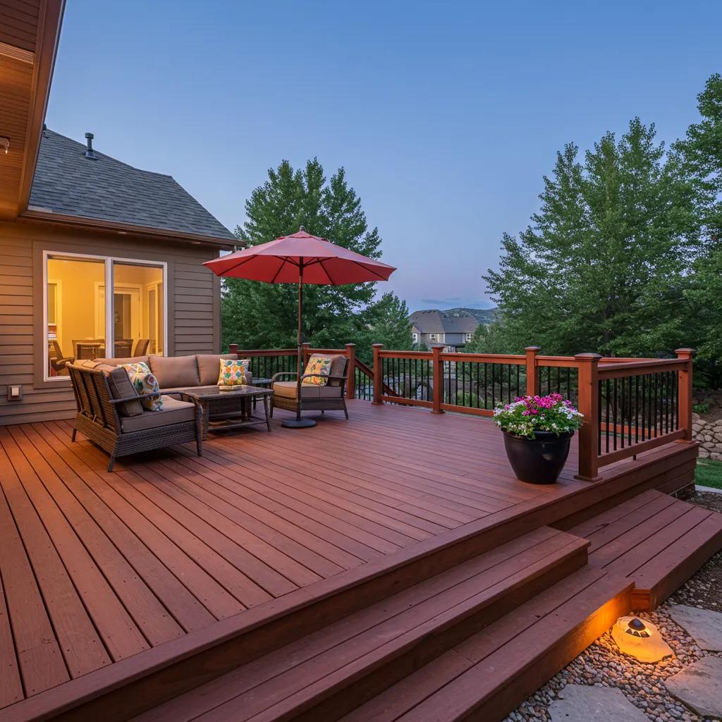Beautifully constructed wooden deck in a residential backyard in Douglas County, showcasing outdoor furniture and scenic views