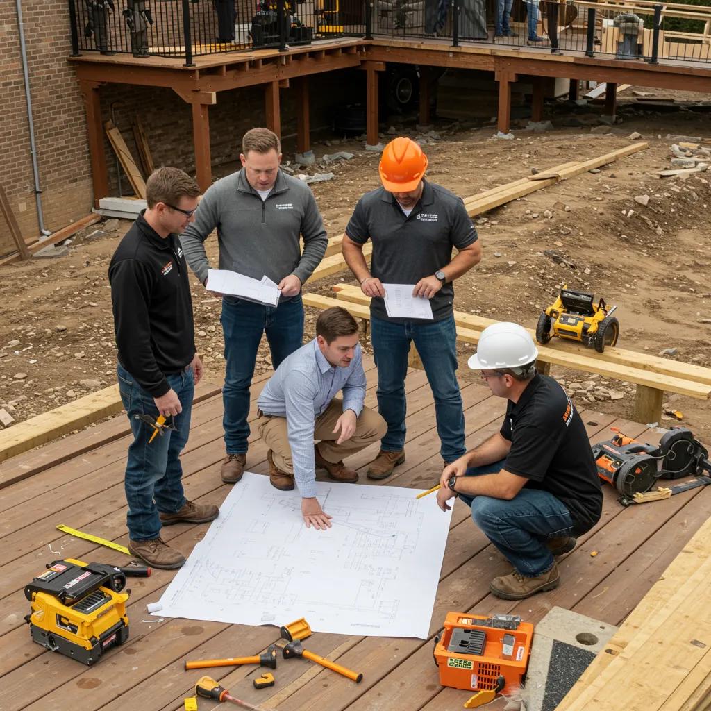 Builders conducting an on-site consultation for commercial deck installation