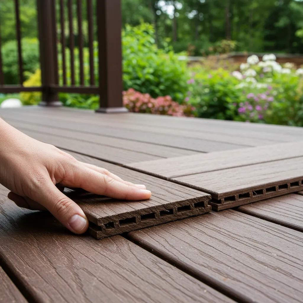 Close-up of composite decking boards with a hand inspecting their texture in a garden
