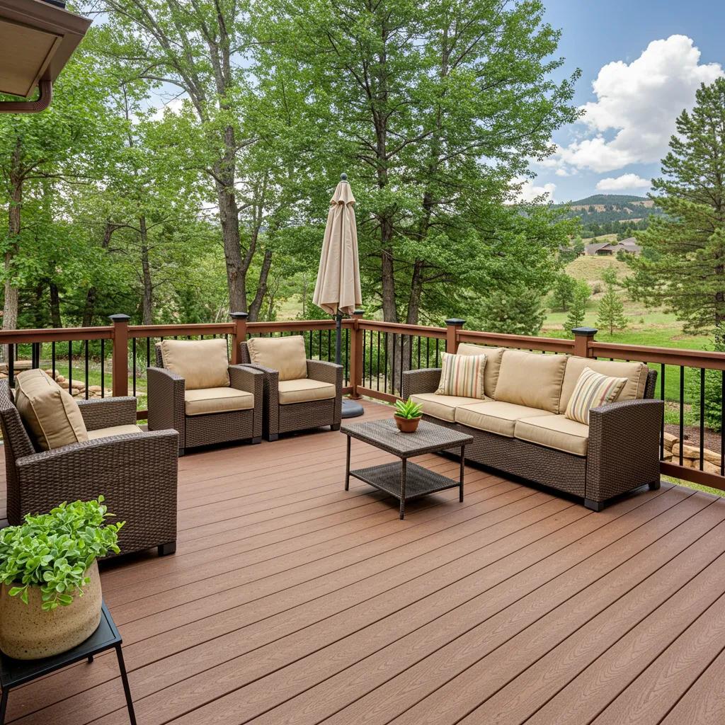 Composite decking in a sunny outdoor setting with furniture and Colorado landscape