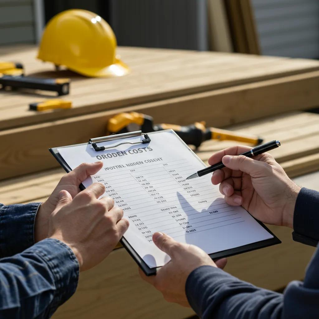 A contractor discussing potential hidden fees with a homeowner, focusing on the financial aspects of deck installation