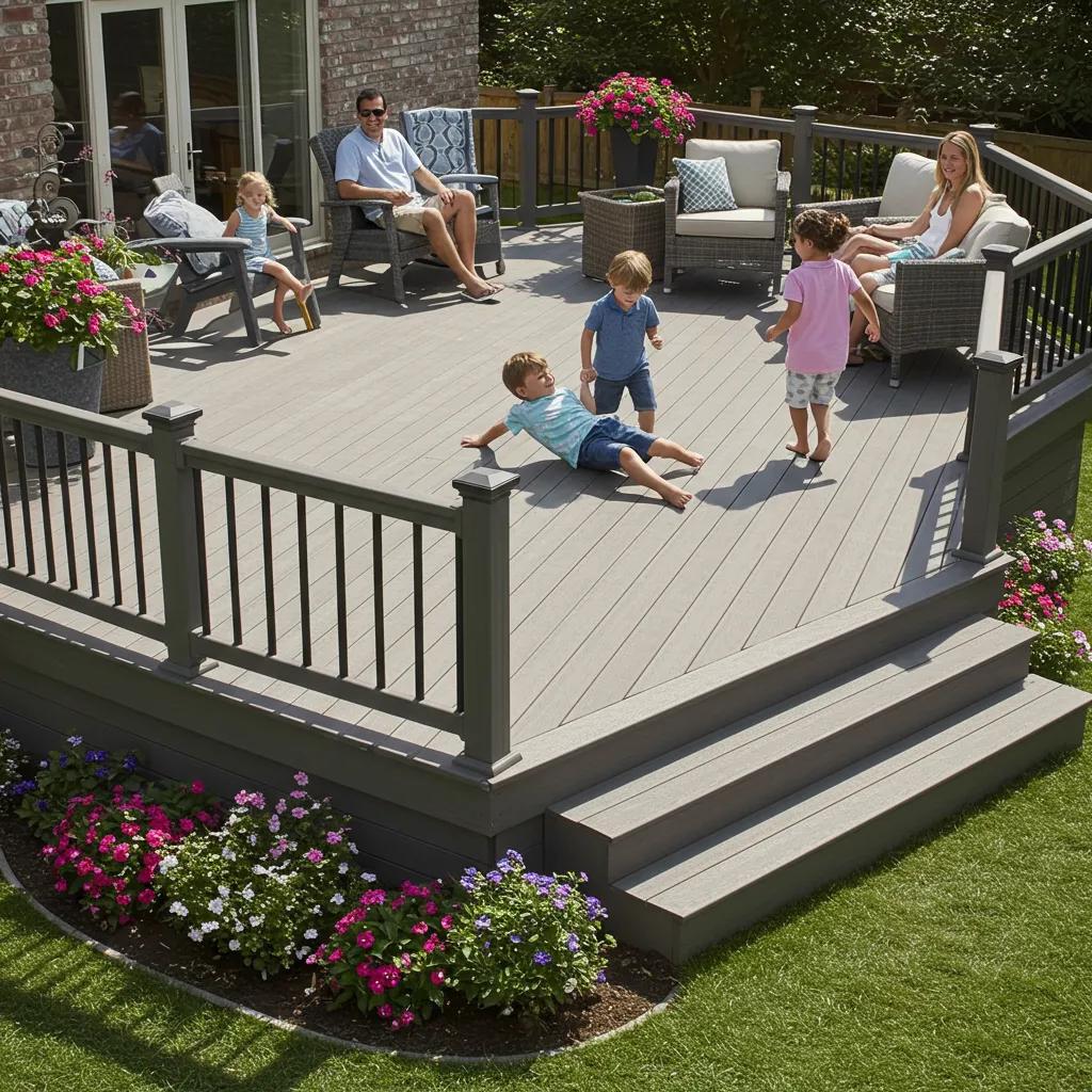 Family enjoying a sunny day on a PVC deck in a vibrant backyard setting