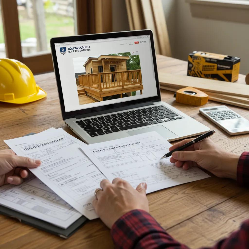 A homeowner reviewing deck plans and permit documents at a table, preparing for the Douglas County deck permit application process