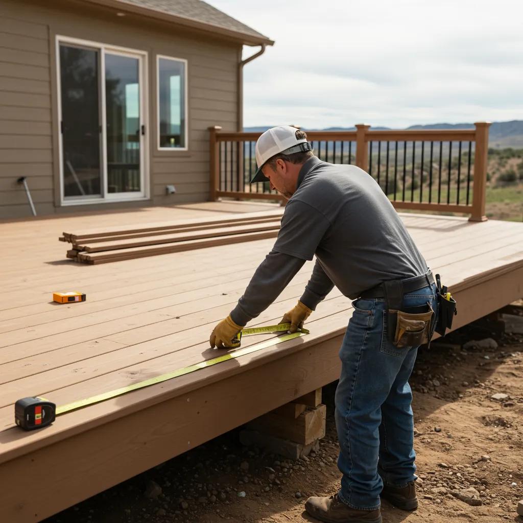 Local Parker, Colorado deck builder meticulously measuring materials for a custom deck project