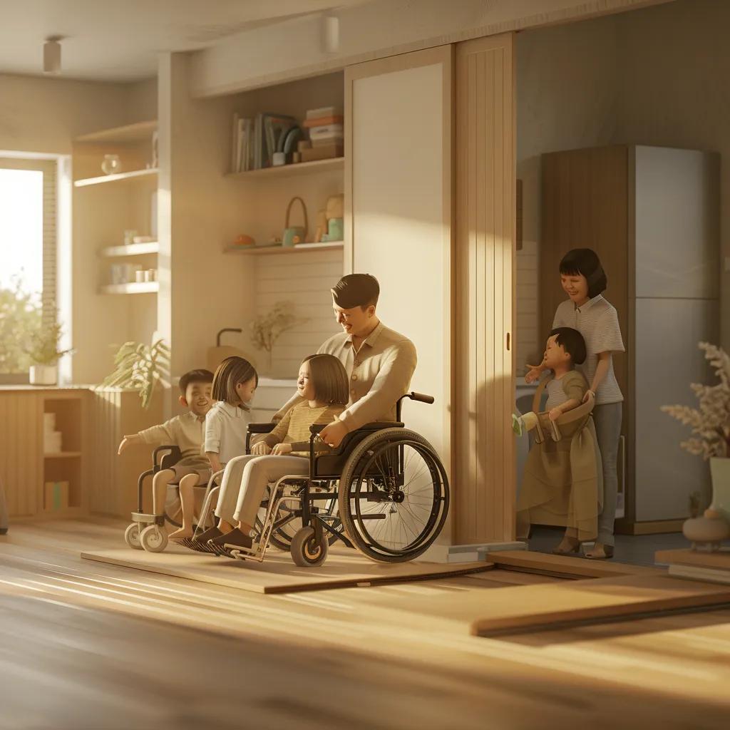 Family enjoying a safe and accessible home environment with wheelchair ramp and modified bathroom