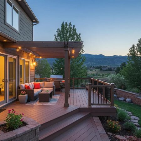 Custom deck installation in Parker, Colorado with modern furniture and scenic mountain backdrop